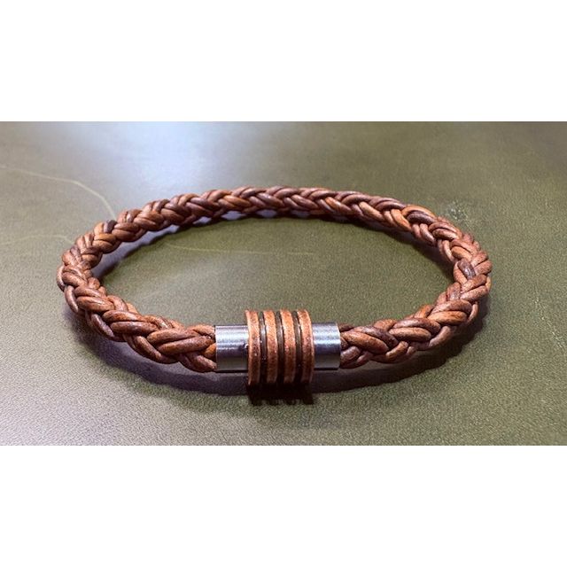 Brown braided leather bracelet with metal clasp