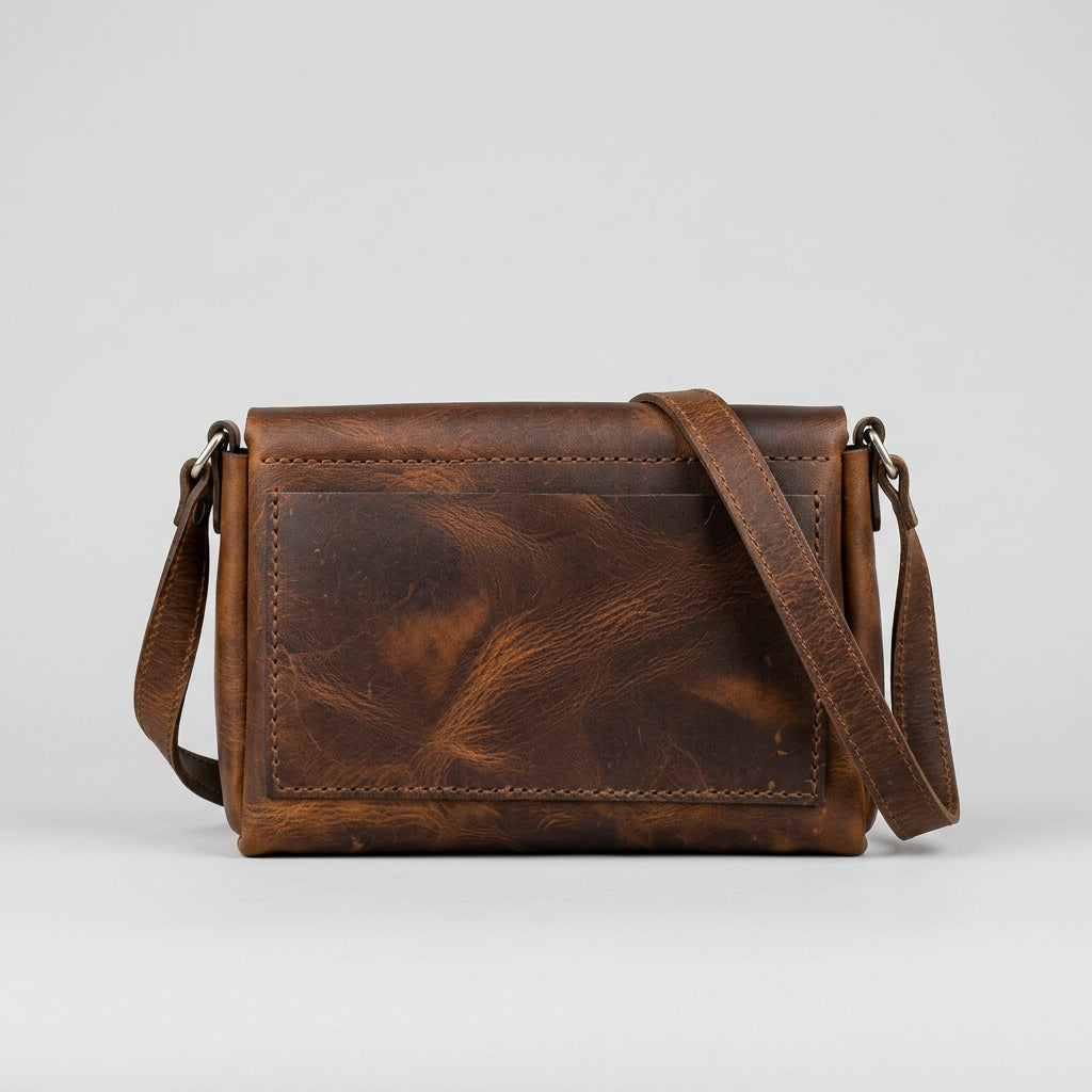 A brown distressed leather crossbody bag with a front slip pocket and Leather adjustable strap, hanging against a white paneled wall.