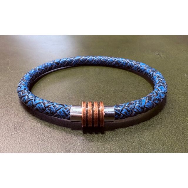 Blue braided leather bracelet with metal clasp