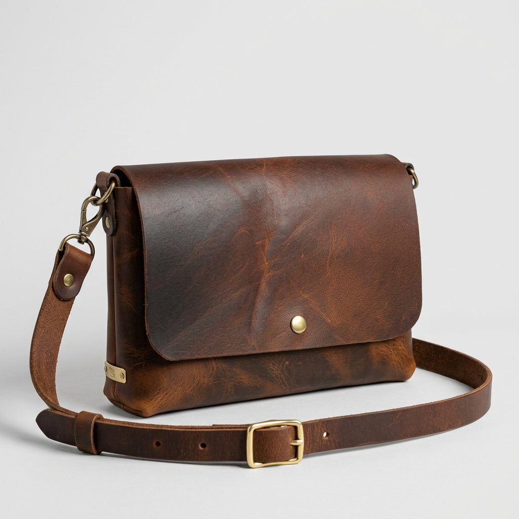A brown distressed leather crossbody bag with a front slip pocket and Leather adjustable strap, hanging against a white paneled wall.