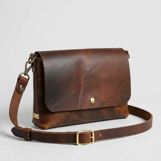 A brown distressed leather crossbody bag with a front slip pocket and Leather adjustable strap, hanging against a white paneled wall.